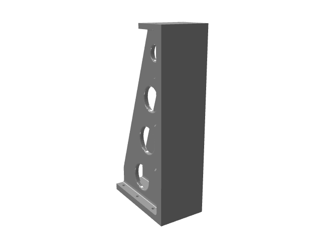 3D model of a tall, narrow triangular angle bracket with three circular cutout holes.