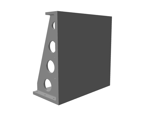 3D model of a tall triangular bracket with circular lightening holes on the ribs.