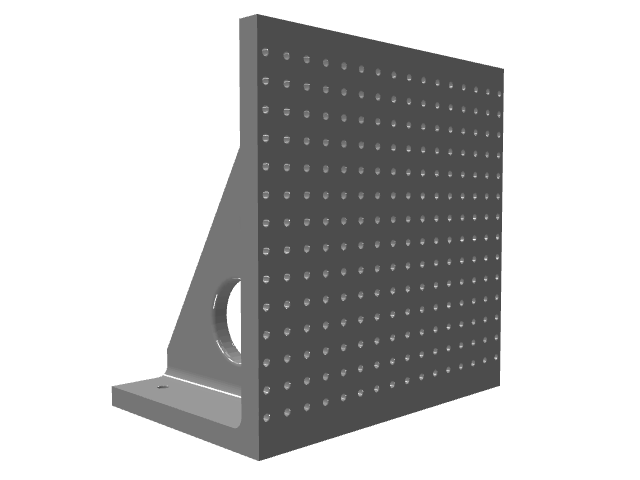 3D model of a wide triangular bracket with a grid of fine grid holes.