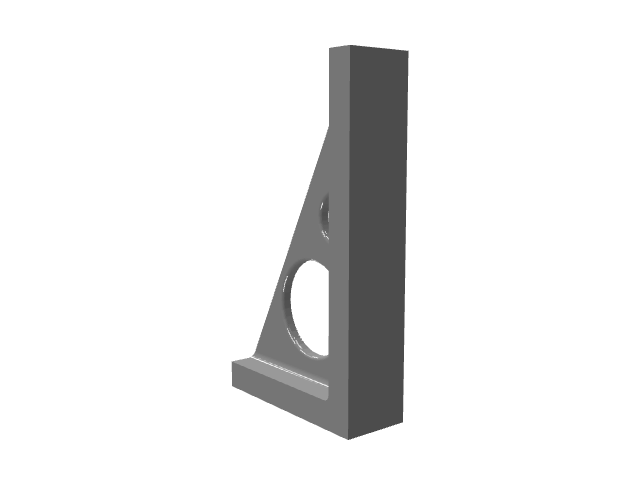 3D model of a tall, thin dark gray triangular bracket with an open center hole.