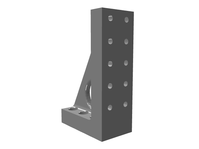 3D model of a wide triangular bracket with holes on its front plate.