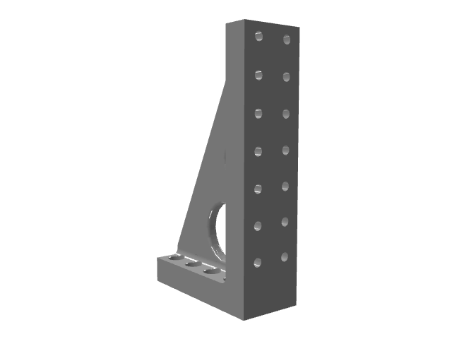 3D model of a tall triangular bracket with a grid of threaded holes.