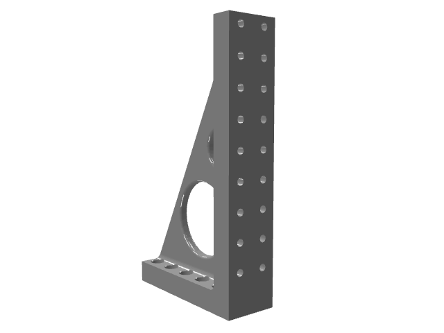 3D model of a tall, thin triangular bracket with a grid of small holes.