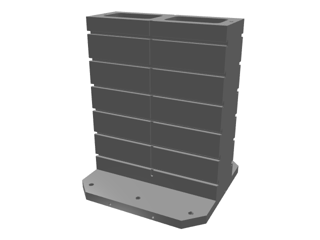 3D model of a wide dark gray six-layered modular block wall on a corner-cut base.