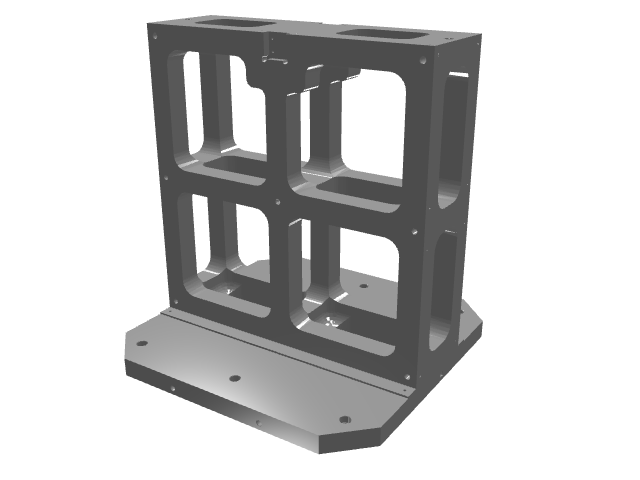 3D model of a skeletal frame fixture block with deep 2x2 interior cutouts and side windows.