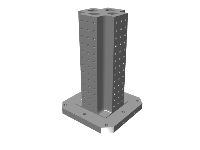 3D CAD model rendering of an elongated cross-shaped vertical machine tombstone fixture with grid holes.