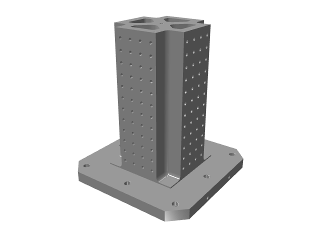 3D CAD model rendering of a short, thick cross-shaped vertical tooling column with dense grid holes.