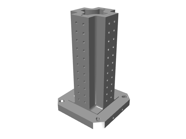 3D CAD model rendering of a tall, cross-shaped vertical tooling column with grid holes.