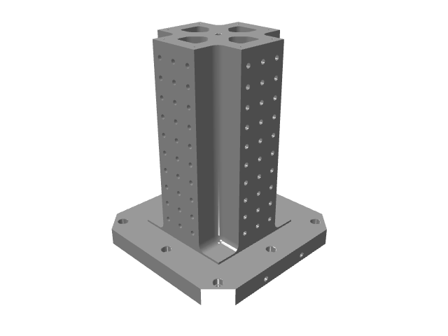 3D CAD model rendering of a cross-shaped vertical tooling column with grid holes.