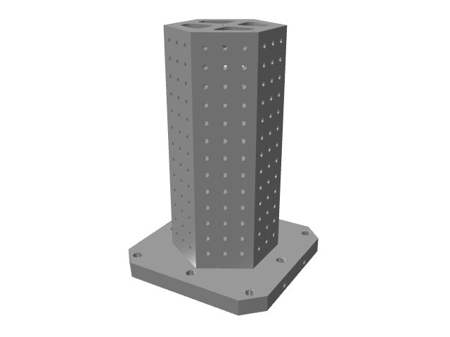 3D CAD model rendering of a tall octagonal vertical tombstone fixture with grid holes.