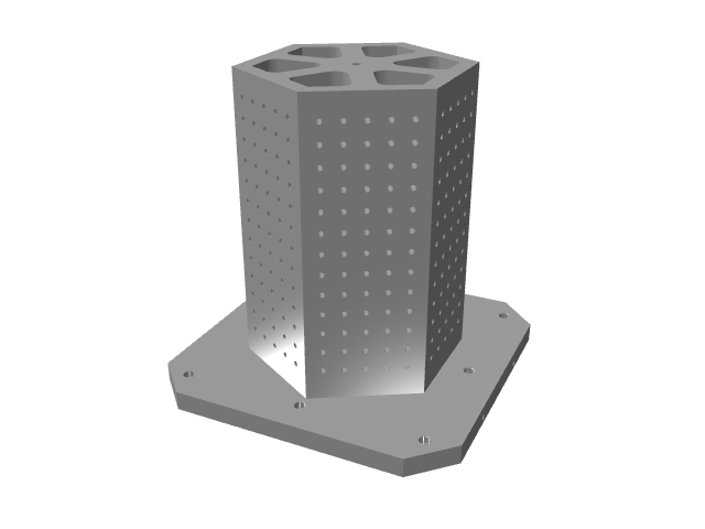 3D CAD model rendering of a thick octagonal vertical tooling column with grid holes.