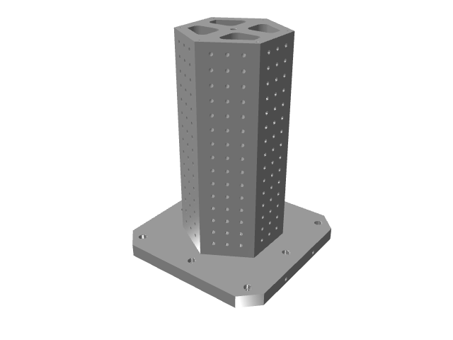3D CAD model rendering of an octagonal vertical tooling column with grid holes.