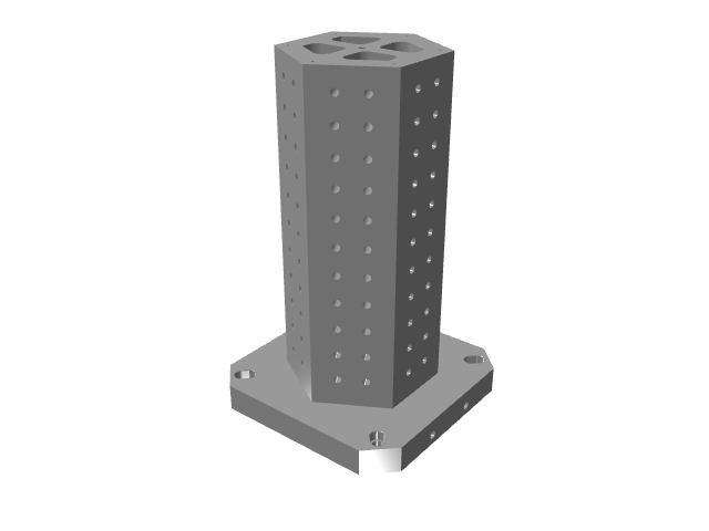 3D CAD model rendering of a tall octagonal vertical tooling column with grid holes.
