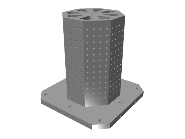3D CAD model rendering of a thick octagonal vertical tooling column with grid holes.