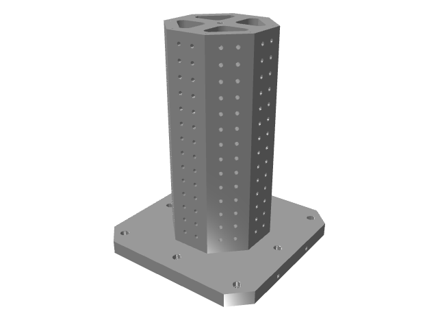 3D CAD model rendering of a tall octagonal vertical tooling column with grid holes.