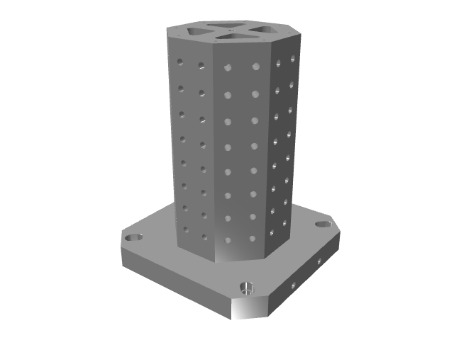 3D CAD model rendering of an octagonal vertical tombstone fixture with grid holes.