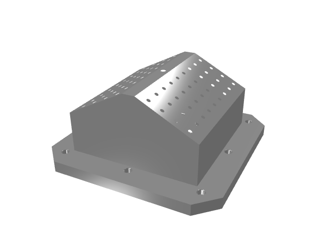 3D CAD model rendering of a dual-angled fixture block featuring grid holes.