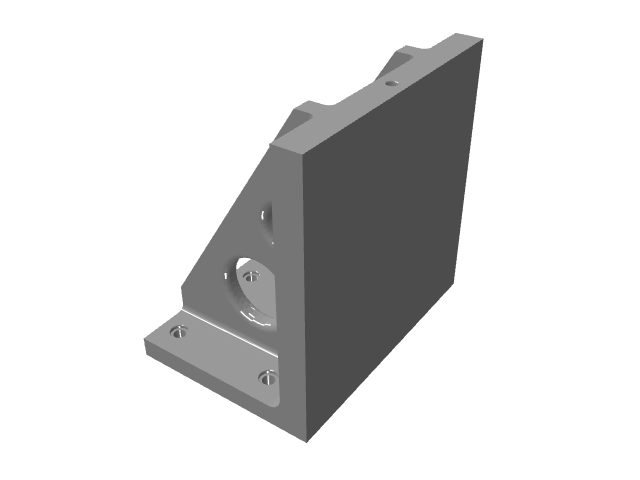 3D CAD model rendering of a triangular industrial angle plate fixture.