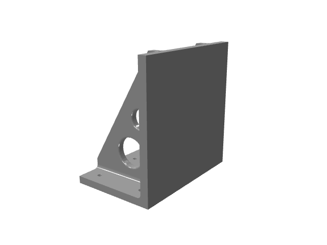 3D CAD model rendering of a heavy-duty triangular industrial angle plate fixture.