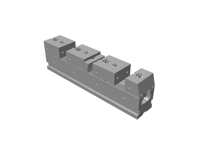 3D CAD model rendering of a compact, deep-profile multi-station machine vise rail.