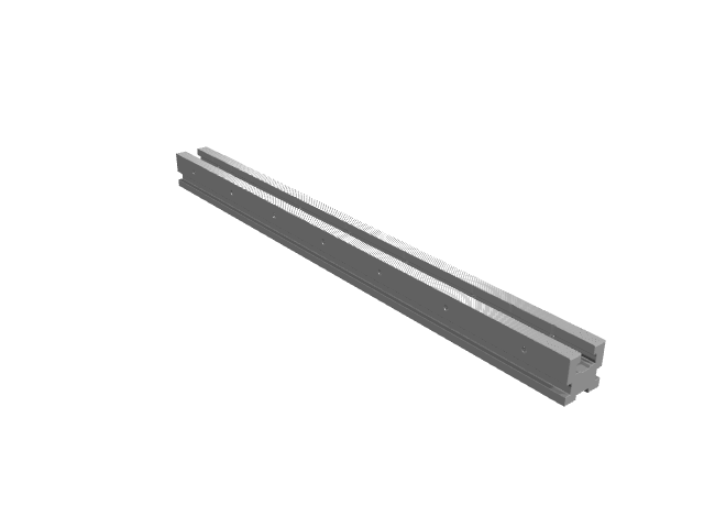 3D render of a long T-slot aluminum extrusion rail.