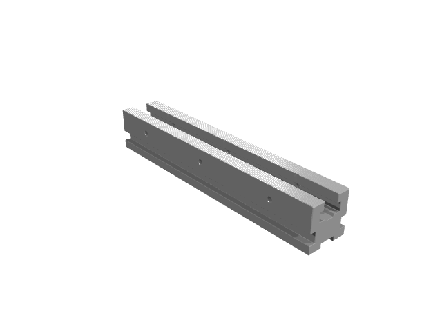 3D render of a short industrial T-slot aluminum extrusion rail.