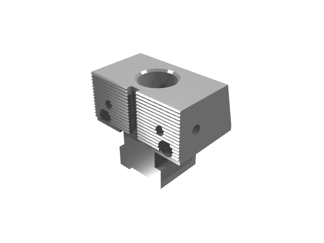 3D render of a single-bore clamp with horizontal grooved face texturing.