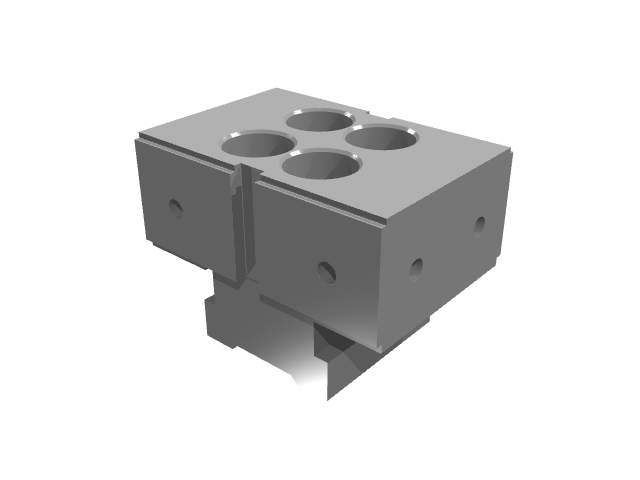 3D render variant of the four-bore clamping block under matte shading.