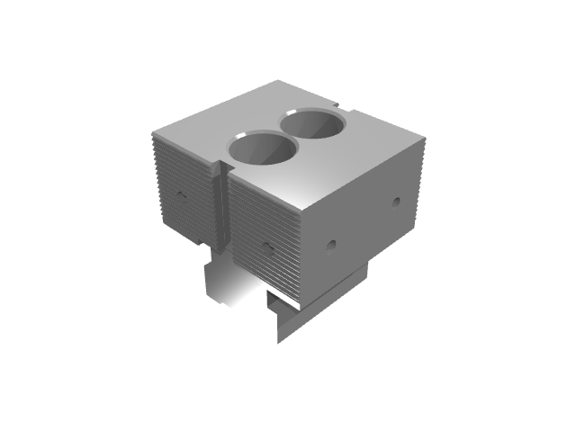 3D render of a modular dual clamp component with a pair of top counterbores.