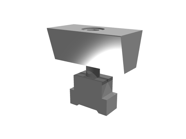 3D render of a wide clamping jaw block hovering above a stepped mounting base.
