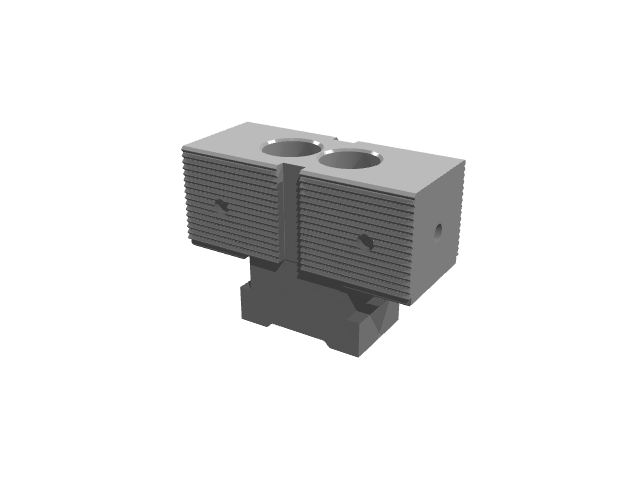 3D render of a twin-bore modular clamping block with horizontal grooved face texturing.
