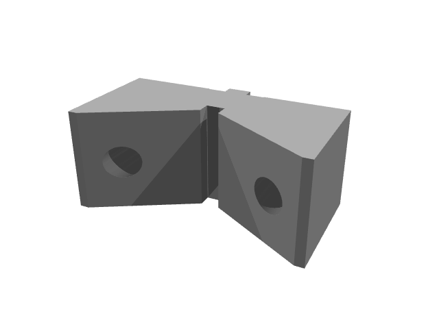 3D render of an angled V-block or dual-faced clamping jaw block with front counterbores.