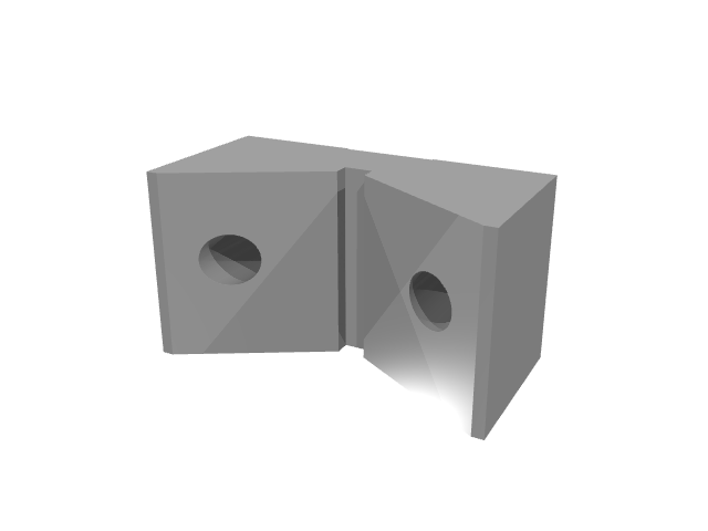 3D render of an angled V-block or dual-faced clamping jaw block with front counterbores.