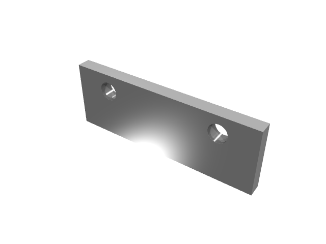 3D render of a flat rectangular vise jaw plate with two counterbored holes.