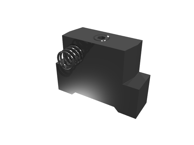 3D render of a black spring-loaded vise jaw block assembly with a coil spring.