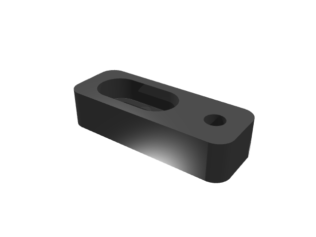 3D render of a simple, black rectangular strap clamp with a slotted opening.