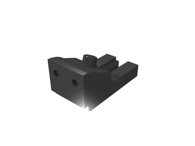 3D render of a black industrial toe clamp assembly with two front mounting bores.