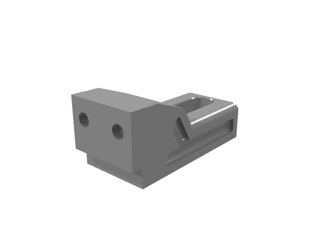 3D render of an industrial clamping jaw fixture with front mounting holes.