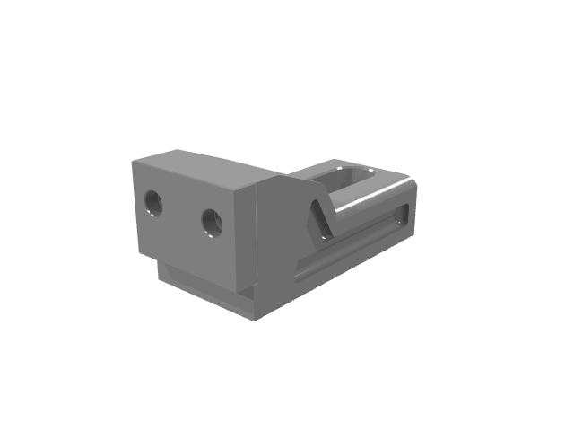 3D render of an industrial clamping jaw fixture with front mounting holes.