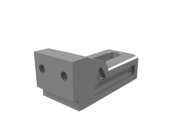 3D render of an industrial clamping jaw fixture with front mounting holes.