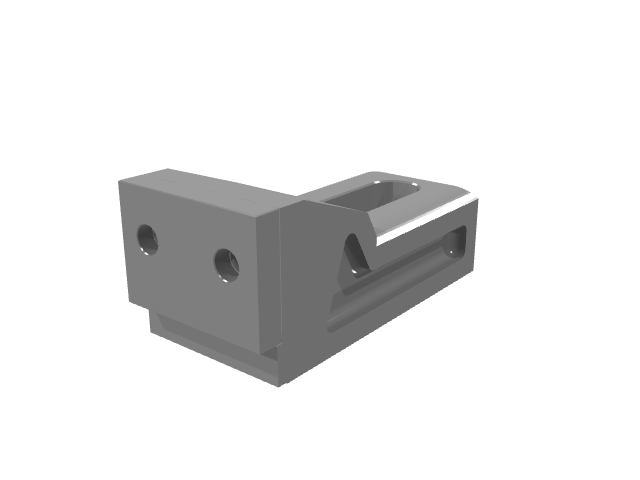 3D render of an industrial clamping jaw fixture with front mounting holes.