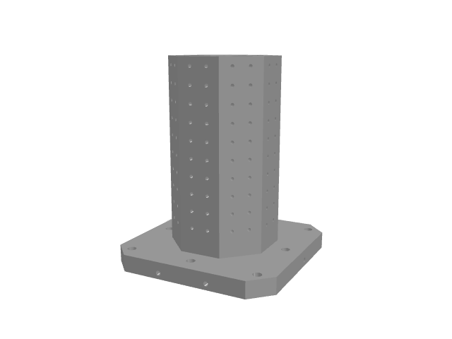 3D render of a tall, multi-hole octagonal vertical tooling column on a square base.