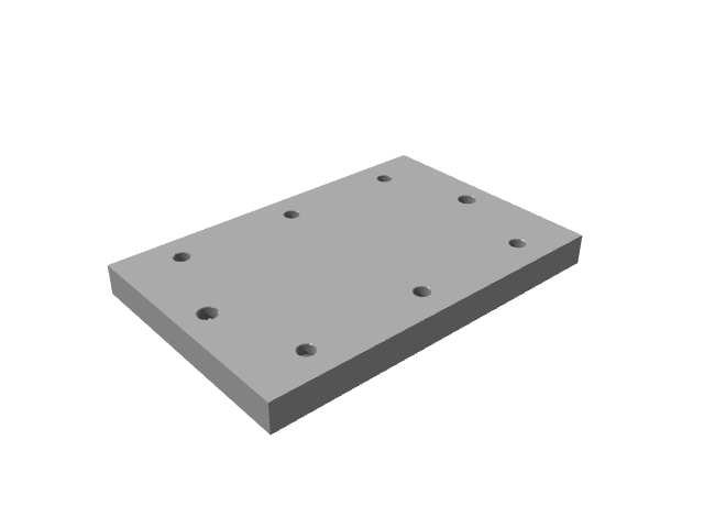3D render of a rectangular mounting plate with perimeter holes.