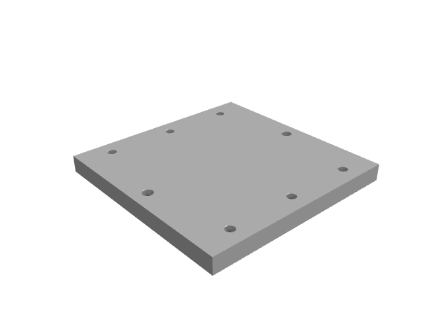 3D render of a square-proportioned industrial mounting base plate with counterbored holes.