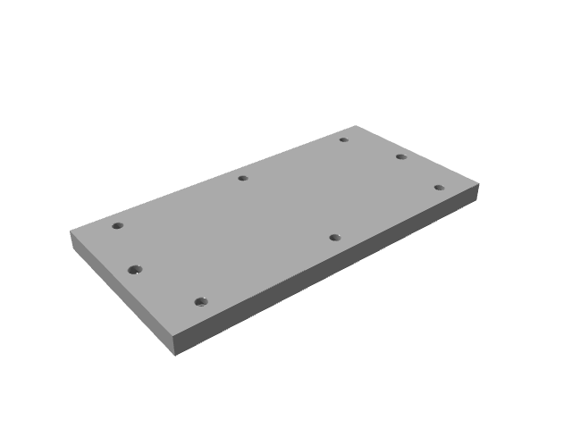 3D render of a rectangular mounting plate with edge alignment holes under matte shading.