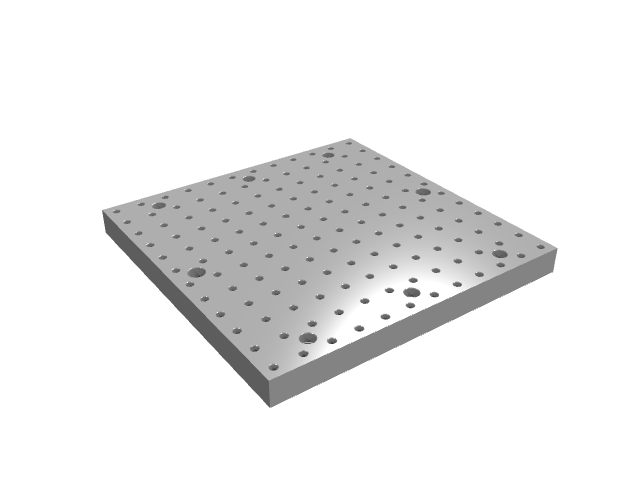 3D render of a rectangular modular tooling plate with a high-density hole grid.