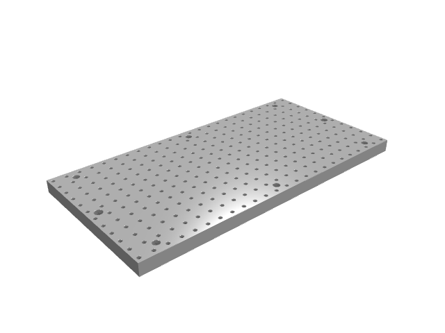 3D render of a long, extended rectangular fixture plate featuring a multi-hole grid pattern.