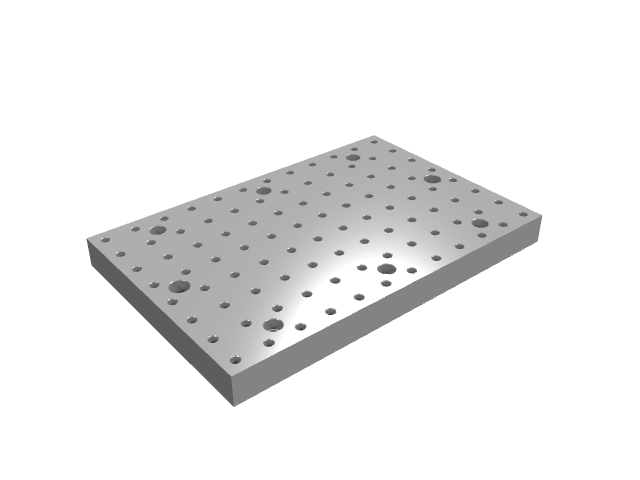 3D render of a rectangular modular grid plate with counterbored positioning holes.