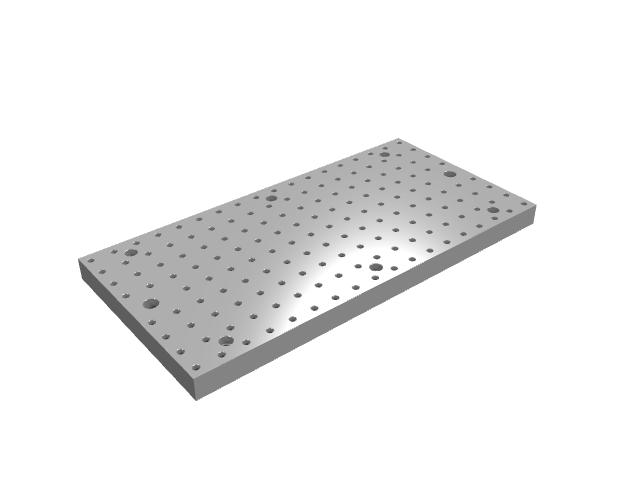 3D render of a large rectangular modular plate featuring a high-density precision hole grid.