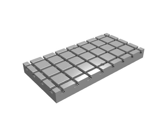 3D render of a rectangular T-slotted fixture plate with uniform matte shading.